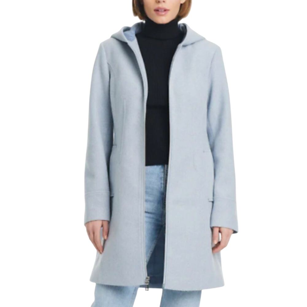 Vince Camuto $180 hooded faux wool women zip Jacket Mid length Blue XL
